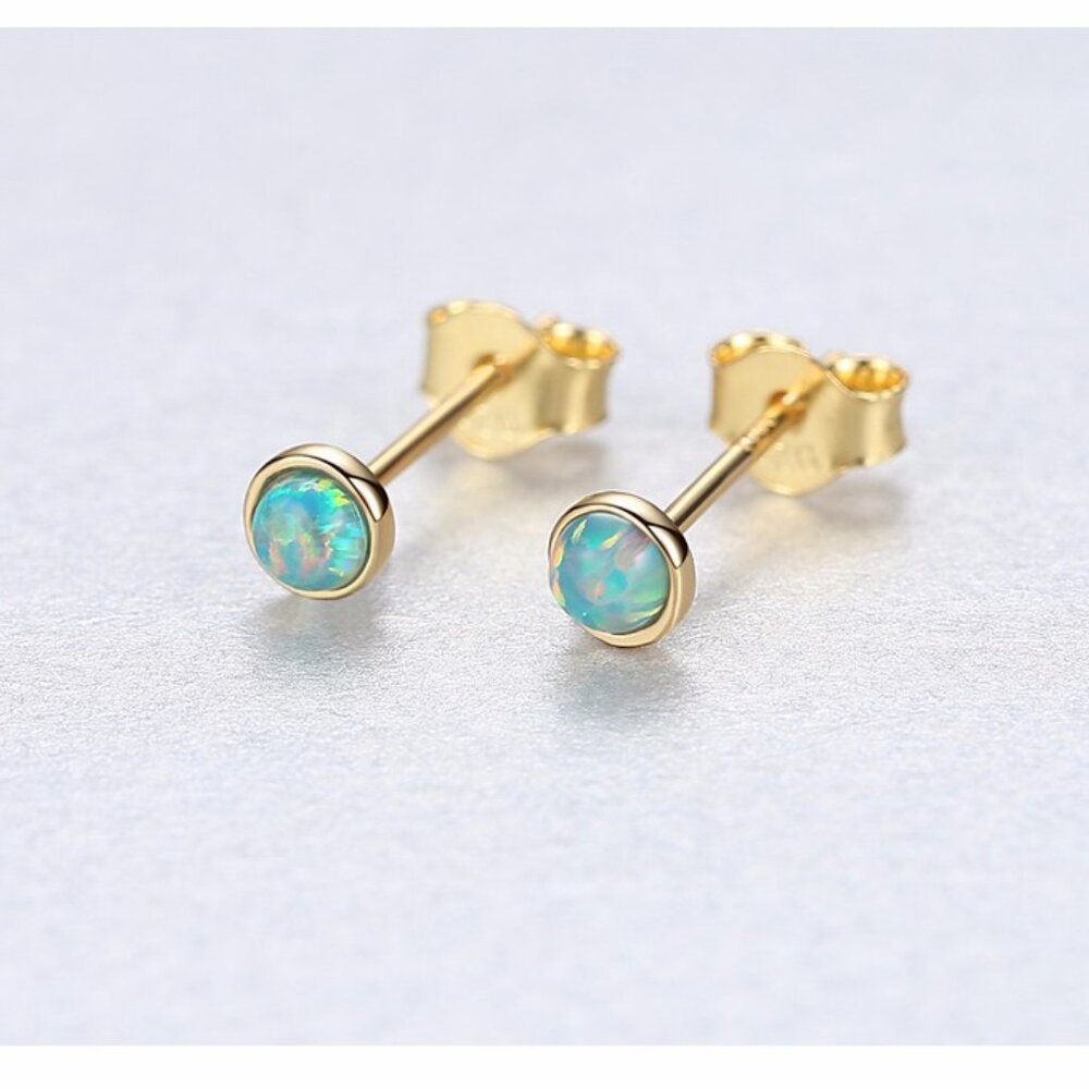 925 Sterling Silver 3mm Round  Opal Stud Earrings - Picture 3 of 5